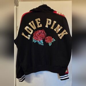 PINK Limited Release Sequined Roses Hoodie in Black Size M